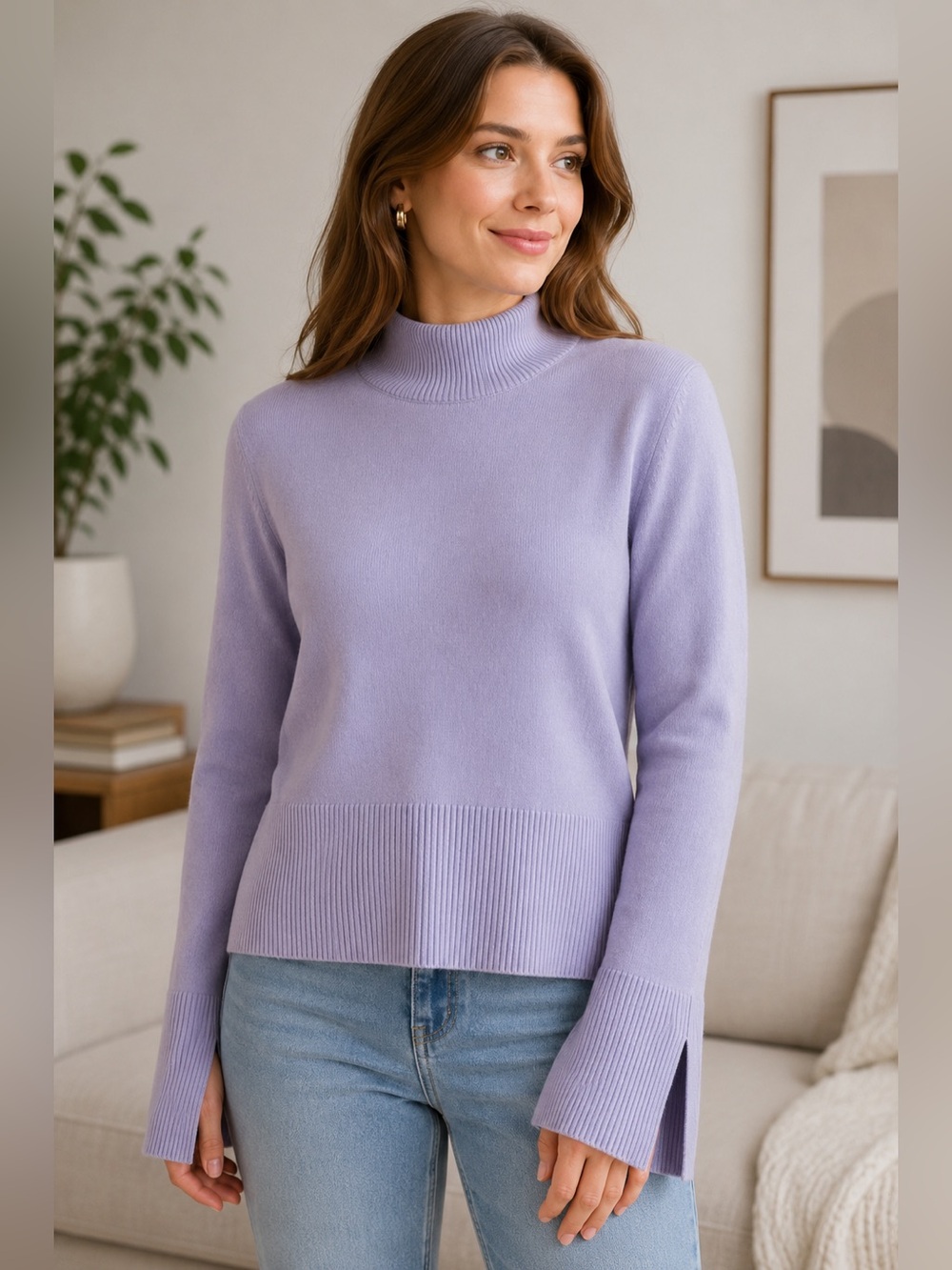 French Connection Lavender Mock Neck Sweater Medium Split Cuff